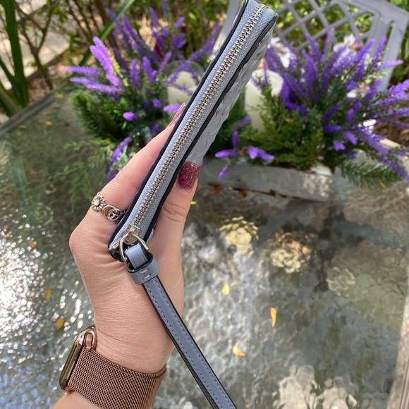 Coach Light Blue Embossed Logo Zippered Wristlet - Picture 9 of 16